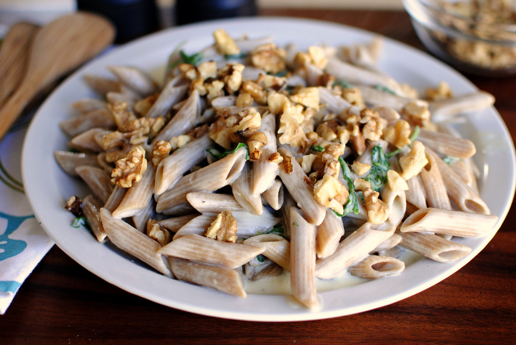 Tasty Kitchen Blog: Creamy Penne with Blue Cheese, Arugula and Toasted Walnuts. Guest post by Laurie McNamara of Simply Scratch, recipe submitted by TK member Bev Weidner of Bev Cooks.