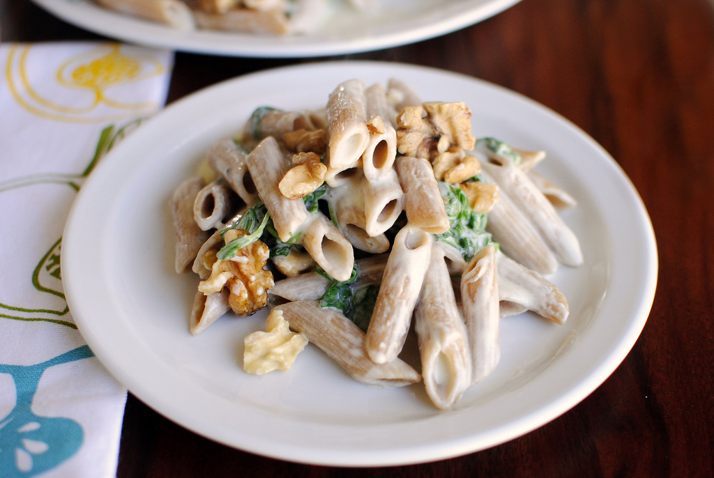 Tasty Kitchen Blog: Creamy Penne with Blue Cheese, Arugula and Toasted Walnuts. Guest post by Laurie McNamara of Simply Scratch, recipe submitted by TK member Bev Weidner of Bev Cooks.