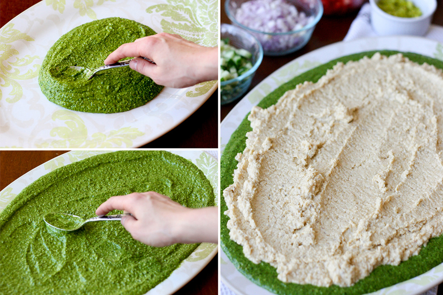 Tasty Kitchen Blog Cilantro Pecan-Pesto Layered Mediterranean Dip. Guest post by Natalie Perry of Perry's Plate, recipe submitted by TK member Beth (campgrandma) of Grandma B's Kitchen.