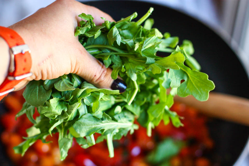 Tasty Kitchen Blog: Smoky Tomato, Roasted Red Pepper and Arugula Pasta. Guest post by Jenna Weber of Eat, Live, Run; recipe submitted by TK member Cassie of Bake Your Day.