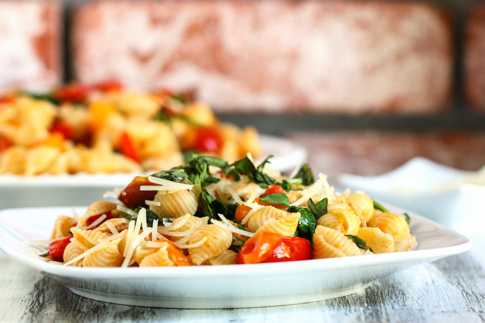 Tasty Kitchen Blog: Smoky Tomato, Roasted Red Pepper and Arugula Pasta. Guest post by Jenna Weber of Eat, Live, Run; recipe submitted by TK member Cassie of Bake Your Day.
