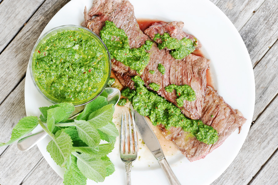 Tasty Kitchen Blog: Grilled Hanger Steak with Cilantro Mint Chimichurri. Guest post by Georgia Pellegrini, recipe submitted by TK member Sommer of A Spicy Perspective.