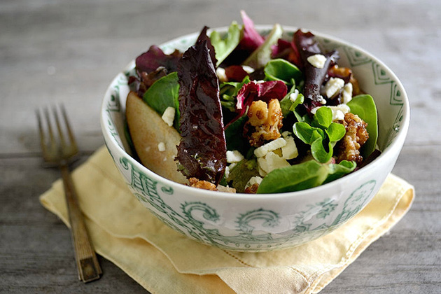 Tasty Kitchen Blog: Spring Greens with Pears, Sugared Walnuts & Gorgonzola. Guest post by Erica Kastner, recipe submitted by TK member Jennifer of Jennifer Cooks.