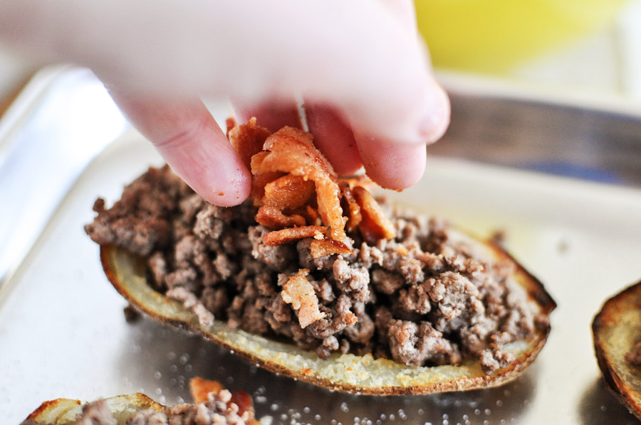 Tasty Kitchen Blog: Bacon and Blue Cheeseburger Potato Skins. Guest post by Jessica Merchant of How Sweet It Is, recipe submitted by TK member Dax Phillips of Simple Comfort Food.