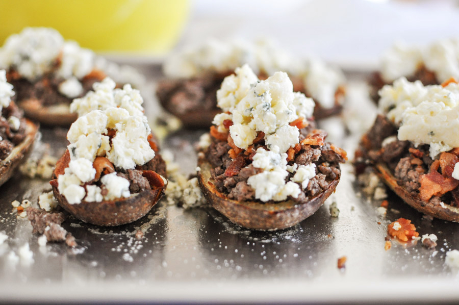 Tasty Kitchen Blog: Bacon and Blue Cheeseburger Potato Skins. Guest post by Jessica Merchant of How Sweet It Is, recipe submitted by TK member Dax Phillips of Simple Comfort Food.