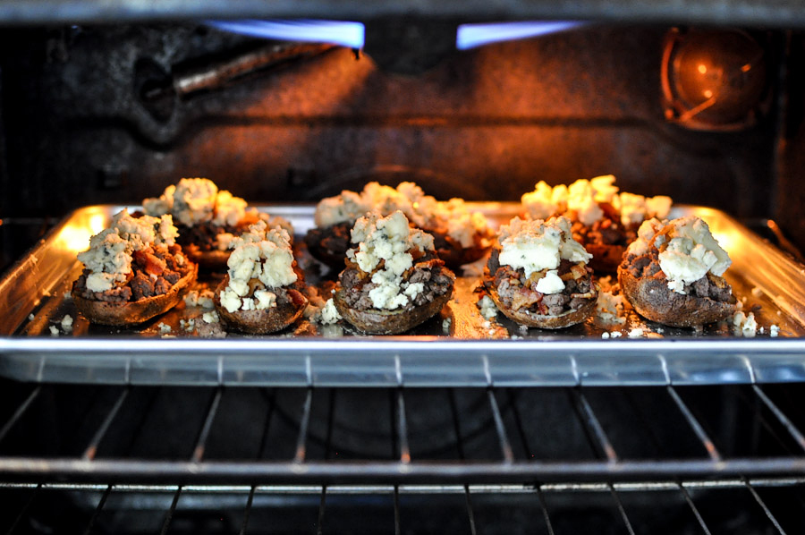 Tasty Kitchen Blog: Bacon and Blue Cheeseburger Potato Skins. Guest post by Jessica Merchant of How Sweet It Is, recipe submitted by TK member Dax Phillips of Simple Comfort Food.