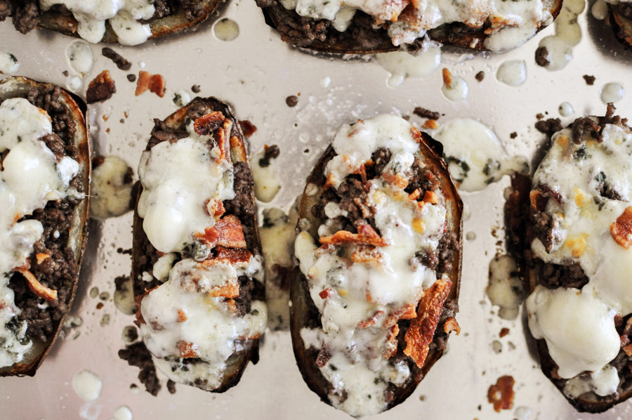 Tasty Kitchen Blog: Bacon and Blue Cheeseburger Potato Skins. Guest post by Jessica Merchant of How Sweet It Is, recipe submitted by TK member Dax Phillips of Simple Comfort Food.