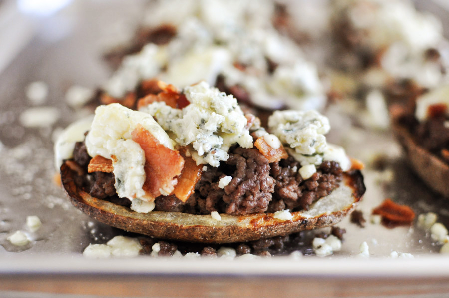 Tasty Kitchen Blog: Bacon and Blue Cheeseburger Potato Skins. Guest post by Jessica Merchant of How Sweet It Is, recipe submitted by TK member Dax Phillips of Simple Comfort Food.