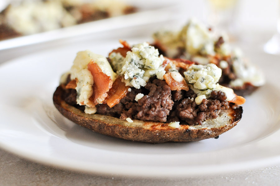 Tasty Kitchen Blog: Bacon and Blue Cheeseburger Potato Skins. Guest post by Jessica Merchant of How Sweet It Is, recipe submitted by TK member Dax Phillips of Simple Comfort Food.