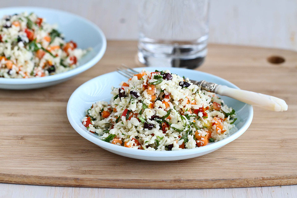 Tasty Kitchen Blog: Raw Cauliflower Couscous. Guest post by Dara Michalski of Cookin' Canuck, recipe submitted by TK member Sally of The Spontaneous Hausfrau.