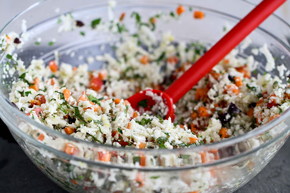 Tasty Kitchen Blog: Raw Cauliflower Couscous. Guest post by Dara Michalski of Cookin' Canuck, recipe submitted by TK member Sally of The Spontaneous Hausfrau.