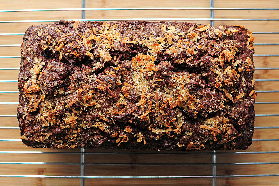 Tasty Kitchen Blog: Dark Chocolate Banana Bread (with Coconut). Guest post by Amy Johnson of She Wears Many Hats, recipe submitted by TK members Chrissy and Lauren of Little Yellow Kitchen.