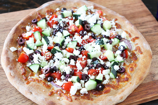 Tasty Kitchen Blog: Greek Pizza. Guest post by Maria Lichty of Two Peas and Their Pod, recipe submitted by TK member Riley of My Daily Morsel.