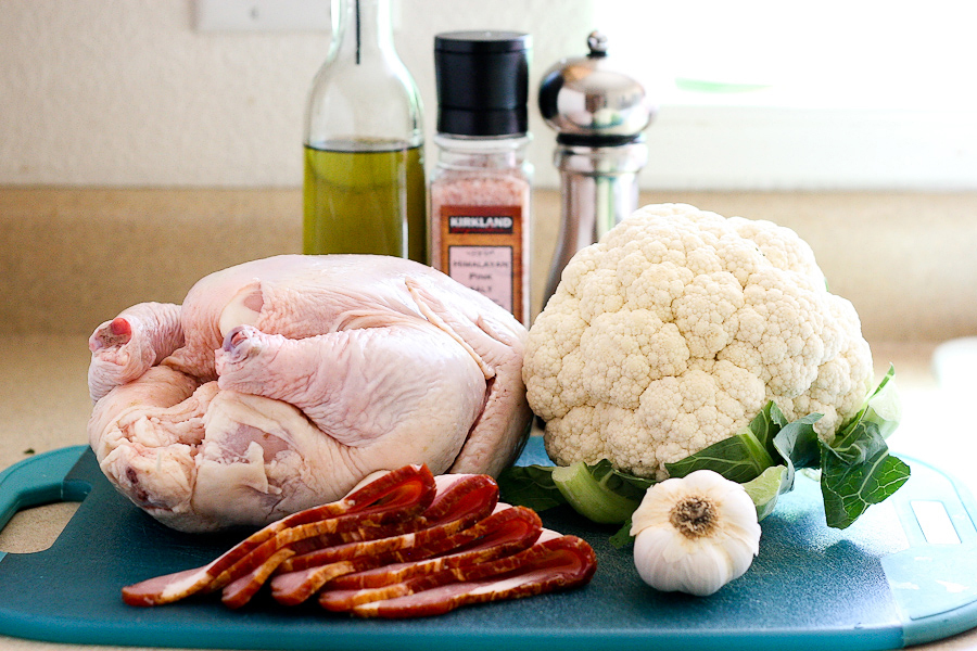 Tasty Kitchen Blog: Bacon Stuffed Whole Roasted Chicken with Cauliflower. Guest post by Natalie Perry of Perry's Plate, recipe submitted by TK member Jennifer of Mama Schelle Says.