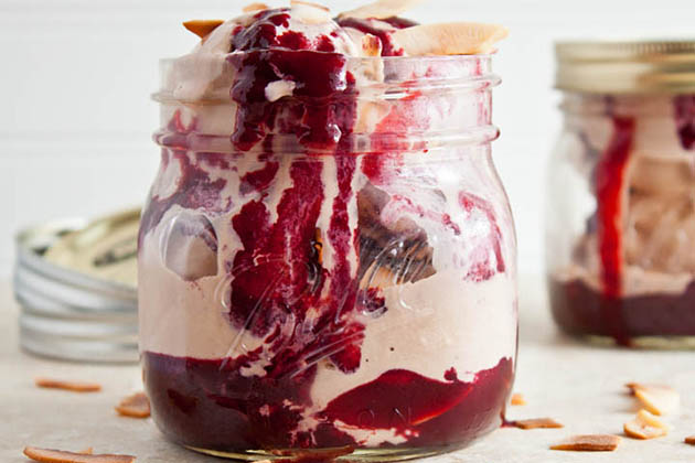 Tasty Kitchen Blog: Looks Delicious! Valentine Treats (Sundae Jars: Chocolate-Coconut with Mixed Berry Caramel from TK member DessertForTwo)