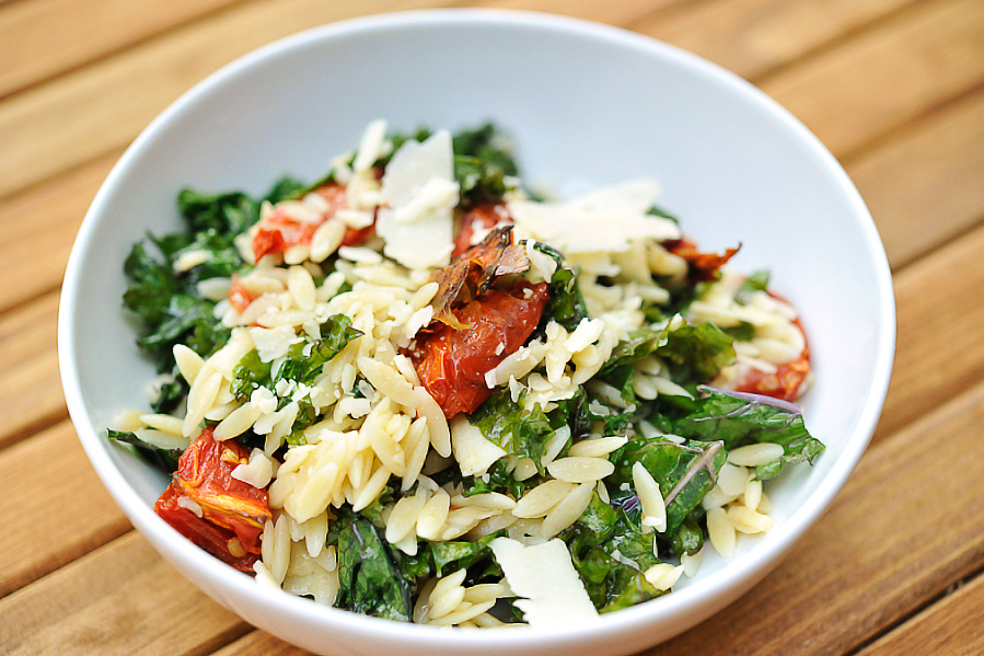 Tasty Kitchen Blog: Orzo with Kale and Roasted Tomatoes. Guest post by Georgia Pellegrini, recipe submitted by TK member Lindsay of FunnyLove