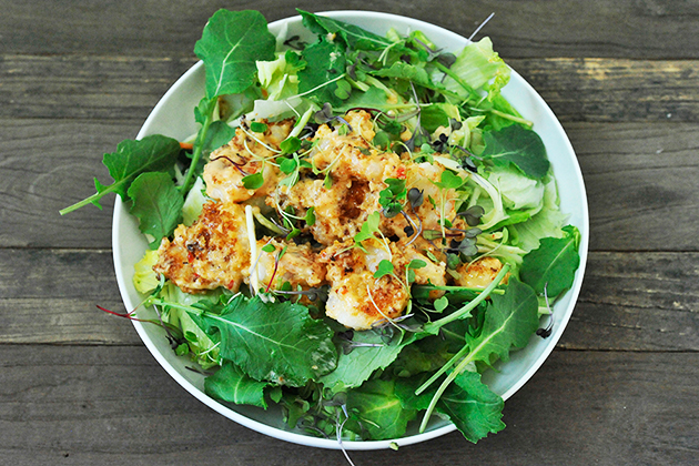 Tasty Kitchen Blog: Lightened-Up Bang Bang Shrimp Salad. Guest post by Georgia Pellegrini, recipe submitted by TK member Sarah of The Coffee Breaker.