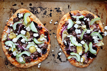 Tasty Kitchen Blog: Greek Lamb Naan Pizzas. Guest post by Megan Keno of Wanna Be a Country Cleaver, recipe submitted by TK member Marie of Little Kitchie.