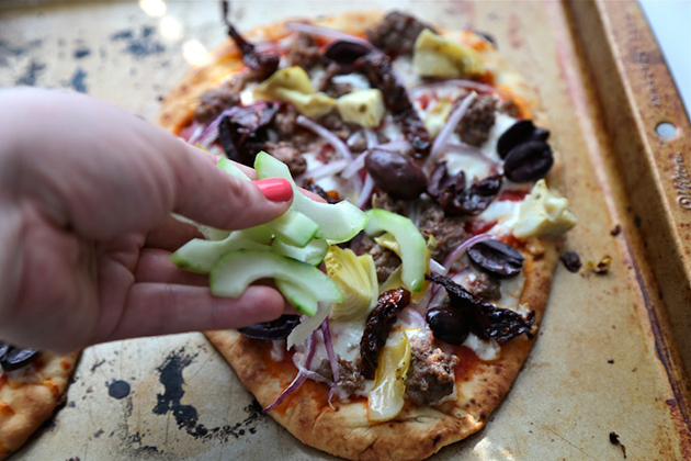 Tasty Kitchen Blog: Greek Lamb Naan Pizzas. Guest post by Megan Keno of Wanna Be a Country Cleaver, recipe submitted by TK member Marie of Little Kitchie.