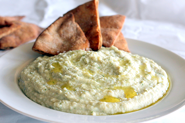 Tasty Kitchen Blog Anniversary Giveaway #4: Food Processor (Garlic White Bean Basil Hummus and Homemade Toasted Pita Chips, submitted by TK member Monique of Ambitious Kitchen)