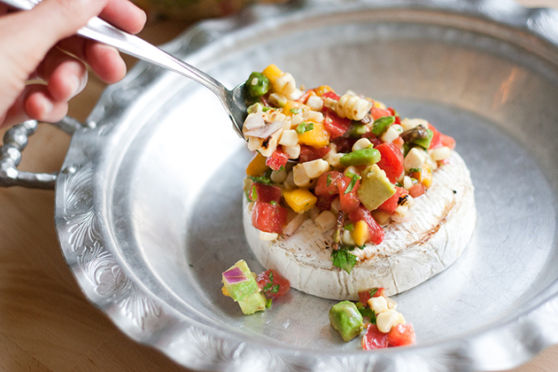 Tasty Kitchen Blog: Grilled Brie with Grilled Corn and Mango Salsa. Guest post by Natalie Perry of Perry's Plate, recipe submitted by TK member Justine of Cooking and Beer.