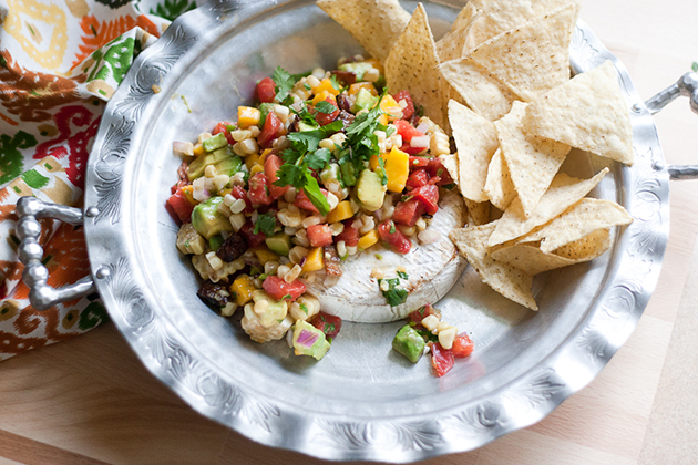 Tasty Kitchen Blog: Grilled Brie with Grilled Corn and Mango Salsa. Guest post by Natalie Perry of Perry's Plate, recipe submitted by TK member Justine of Cooking and Beer.