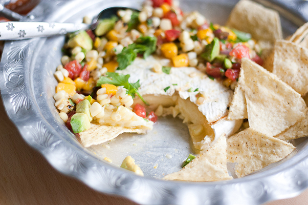 Tasty Kitchen Blog: Grilled Brie with Grilled Corn and Mango Salsa. Guest post by Natalie Perry of Perry's Plate, recipe submitted by TK member Justine of Cooking and Beer.