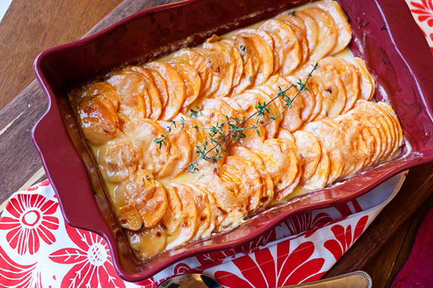 Tasty Kitchen Blog: Scalloped Hasselback Sweet Potatoes. Guest post by Natalie Perry of Perry's Plate, recipe submitted by TK member Tove of Sweet Sour Savory.