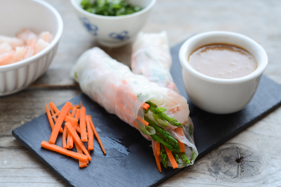 Tasty Kitchen Blog: Shrimp Spring Rolls with Sweet and Spicy Peanut Dipping Sauce. Guest post by Erica Kastner of Buttered Side Up, recipe submitted by TK member Lauren of Lauren's Latest.