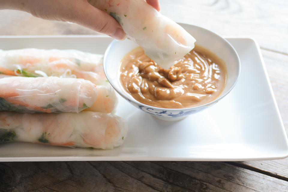 Tasty Kitchen Blog: Shrimp Spring Rolls with Sweet and Spicy Peanut Dipping Sauce. Guest post by Erica Kastner of Buttered Side Up, recipe submitted by TK member Lauren of Lauren's Latest.