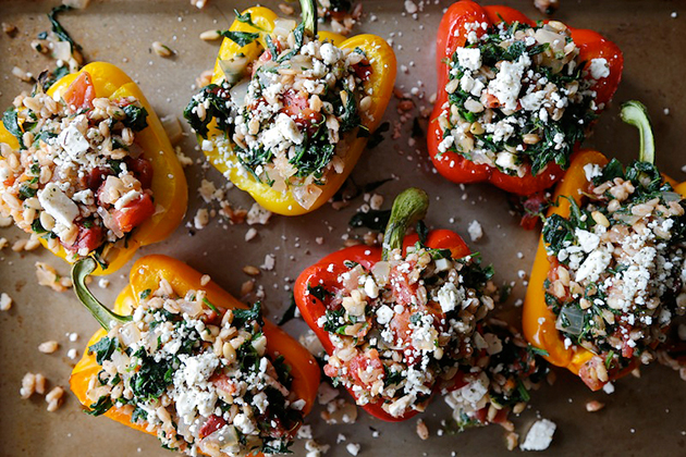 Tasty Kitchen Blog: Greek Stuffed Peppers with Feta & Spinach. Guest post by Megan Keno of Wanna Be a Country Cleaver, recipe submitted by TK member Jen of The Scrumptious Pumpkin.