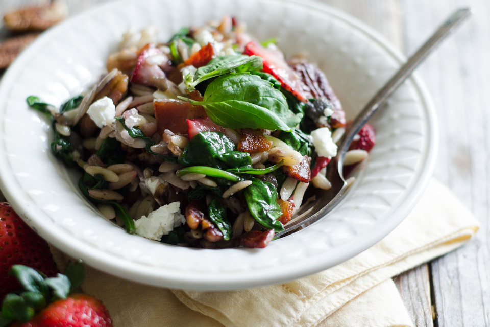 Tasty Kitchen Blog: Warm Strawberry Bacon Orzo Salad. Guest post by Erica Kastner of Buttered Side Up, recipe submitted by TK member Jessica of How Sweet It Is.