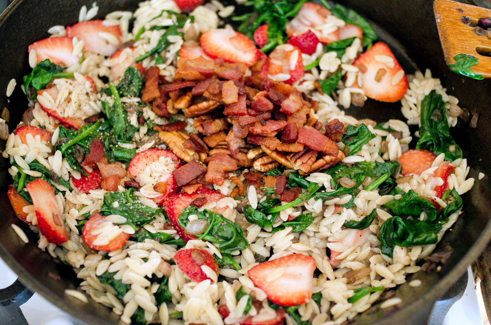 Tasty Kitchen Blog: Warm Strawberry Bacon Orzo Salad. Guest post by Erica Kastner of Buttered Side Up, recipe submitted by TK member Jessica of How Sweet It Is.