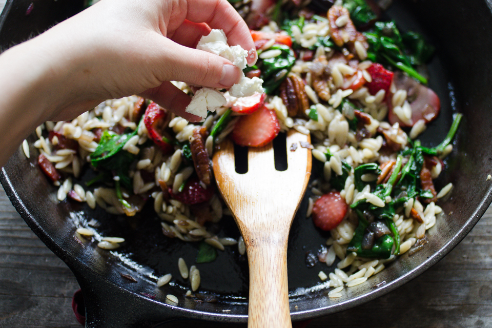 Tasty Kitchen Blog: Warm Strawberry Bacon Orzo Salad. Guest post by Erica Kastner of Buttered Side Up, recipe submitted by TK member Jessica of How Sweet It Is.