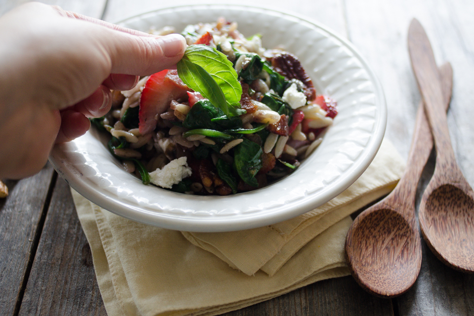 Tasty Kitchen Blog: Warm Strawberry Bacon Orzo Salad. Guest post by Erica Kastner of Buttered Side Up, recipe submitted by TK member Jessica of How Sweet It Is.