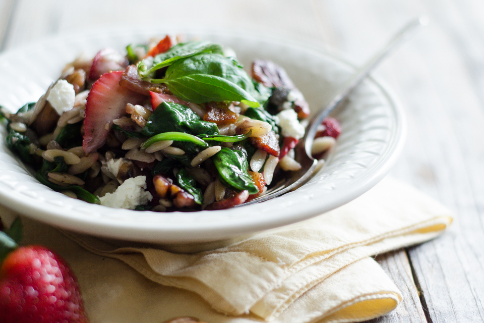 Tasty Kitchen Blog: Warm Strawberry Bacon Orzo Salad. Guest post by Erica Kastner of Buttered Side Up, recipe submitted by TK member Jessica of How Sweet It Is.