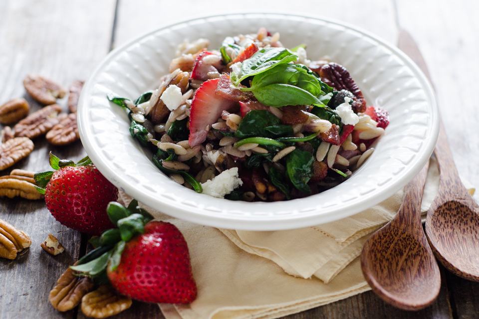 Tasty Kitchen Blog: Warm Strawberry Bacon Orzo Salad. Guest post by Erica Kastner of Buttered Side Up, recipe submitted by TK member Jessica of How Sweet It Is.